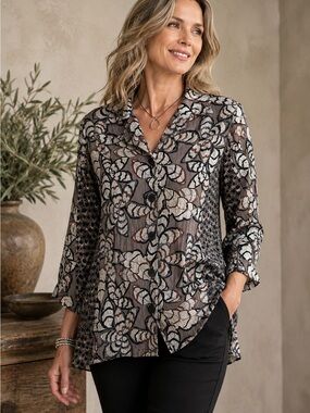 Habitat Rustling Leaves Princess Seam Button Front Shirt XL Artsy Abstract